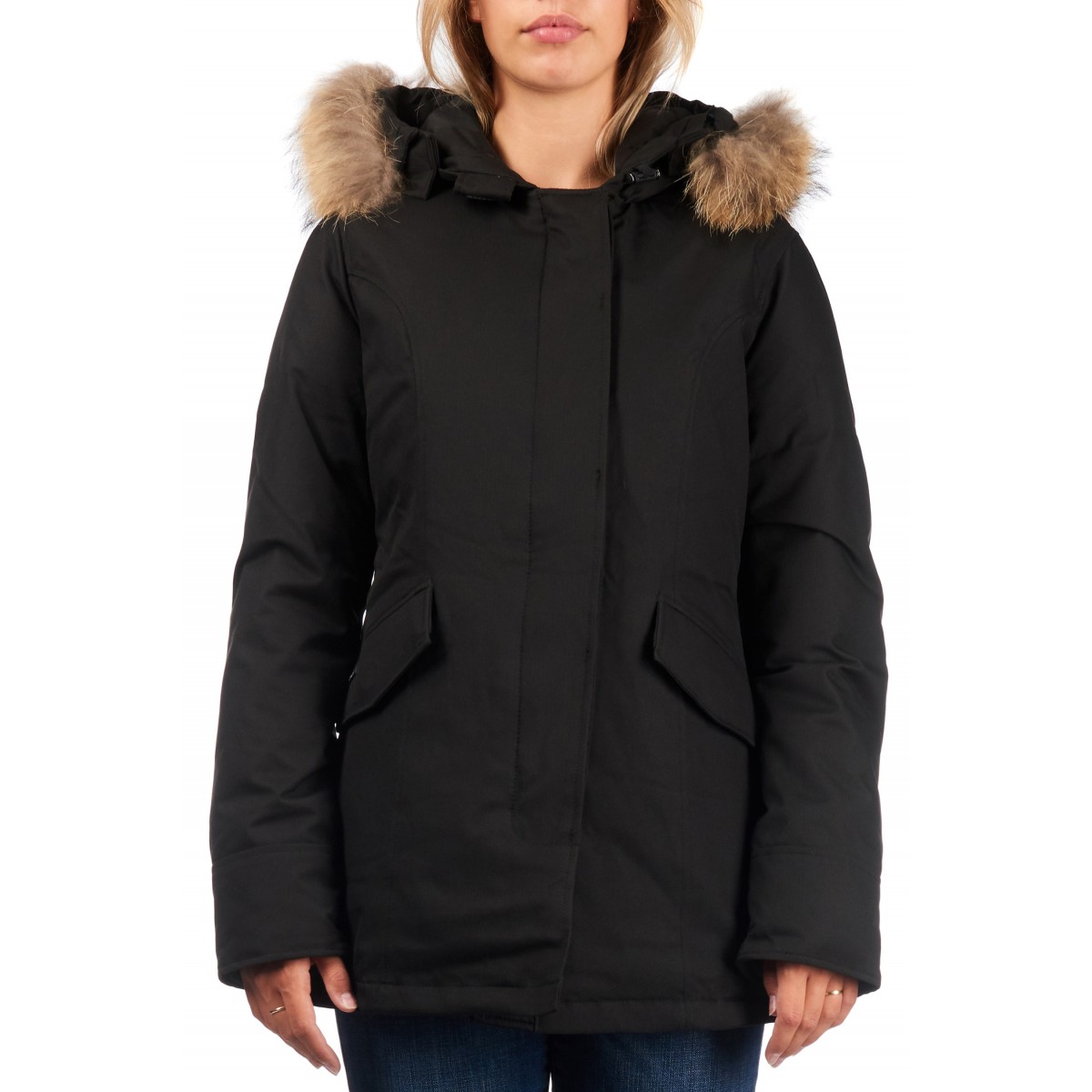 Airforce 2 Pocket Herringbone Damen Jacke - schwarz mit natur Fellkragen