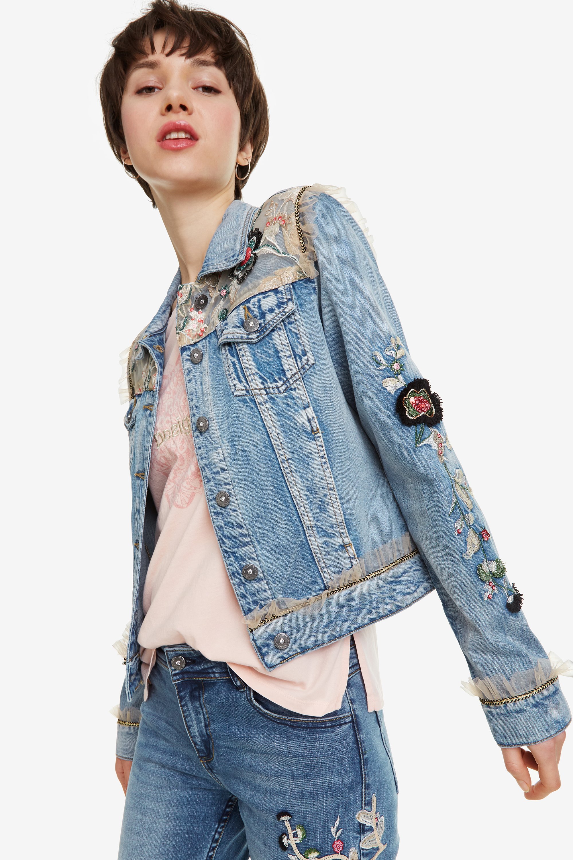 Desigual Flowers & Pearls Damen Jeans Jacke