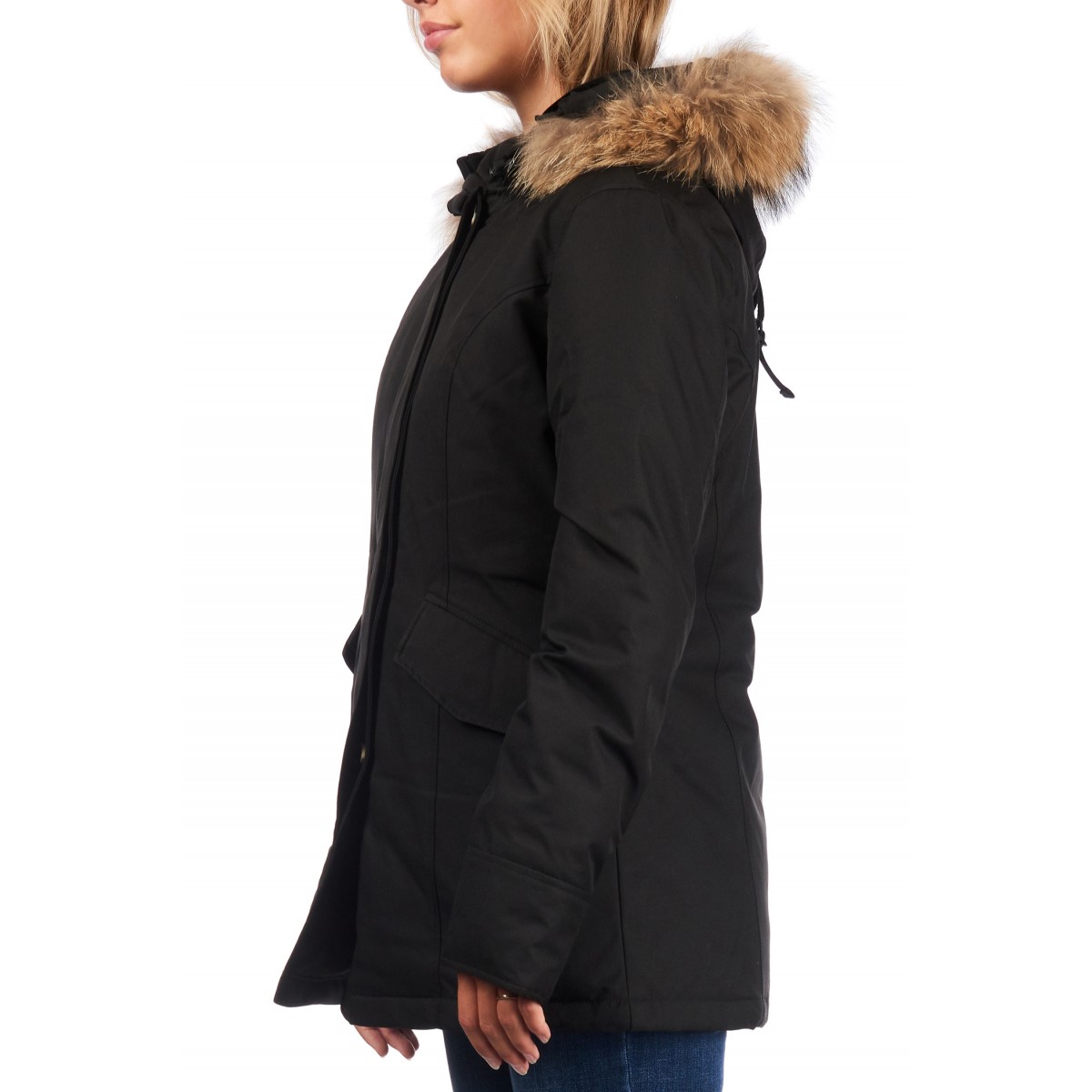 Airforce 2 Pocket Herringbone Damen Jacke - schwarz mit natur Fellkragen