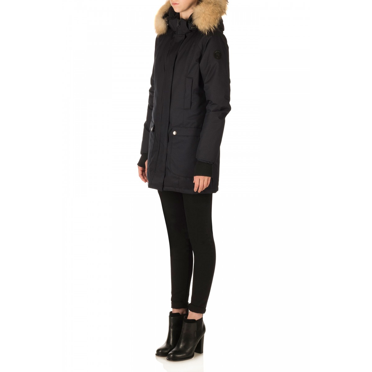 Airforce Slimfit Herringbone Damen Parka - schwarz mit natur Fellkragen
