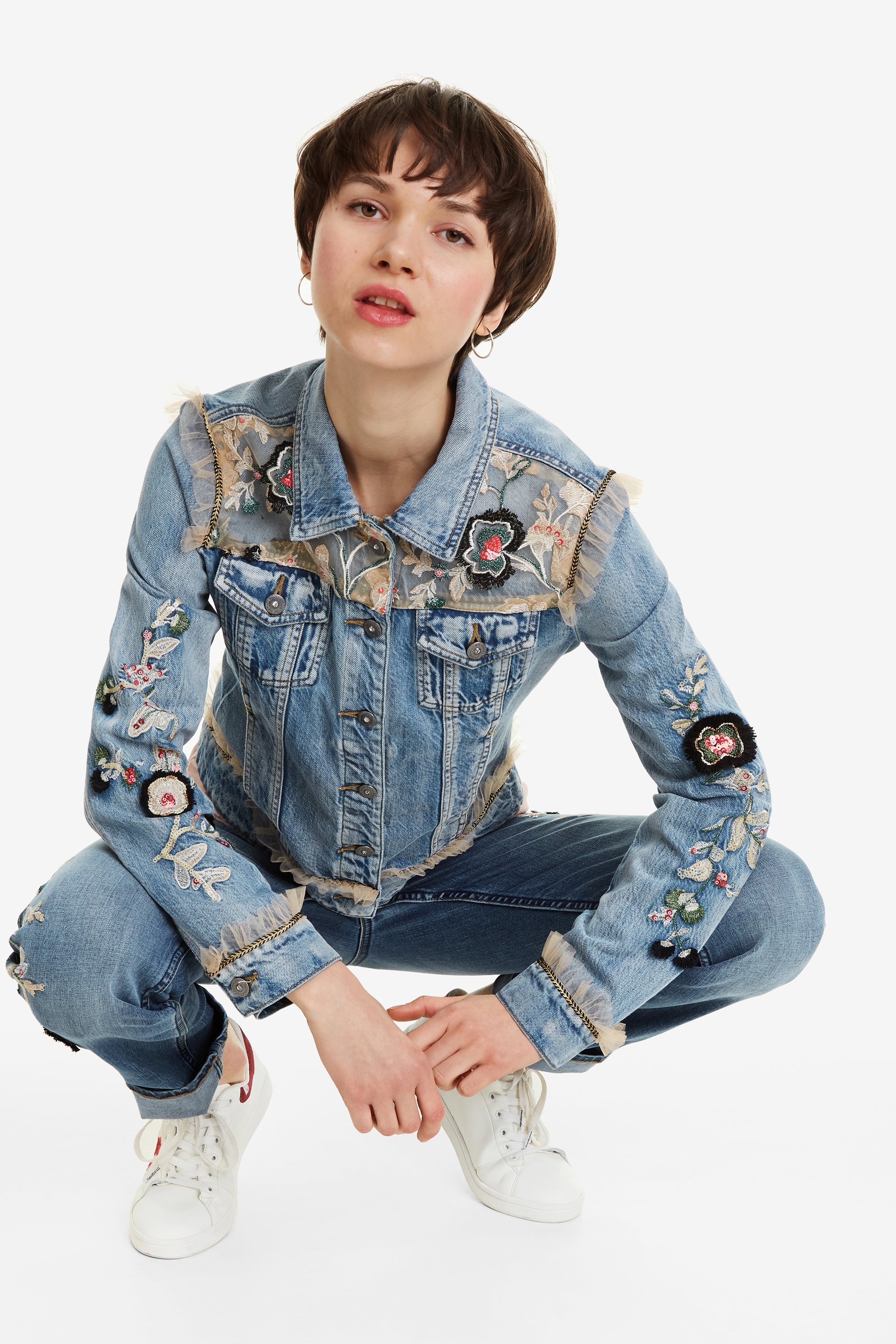 Desigual Flowers & Pearls Damen Jeans Jacke