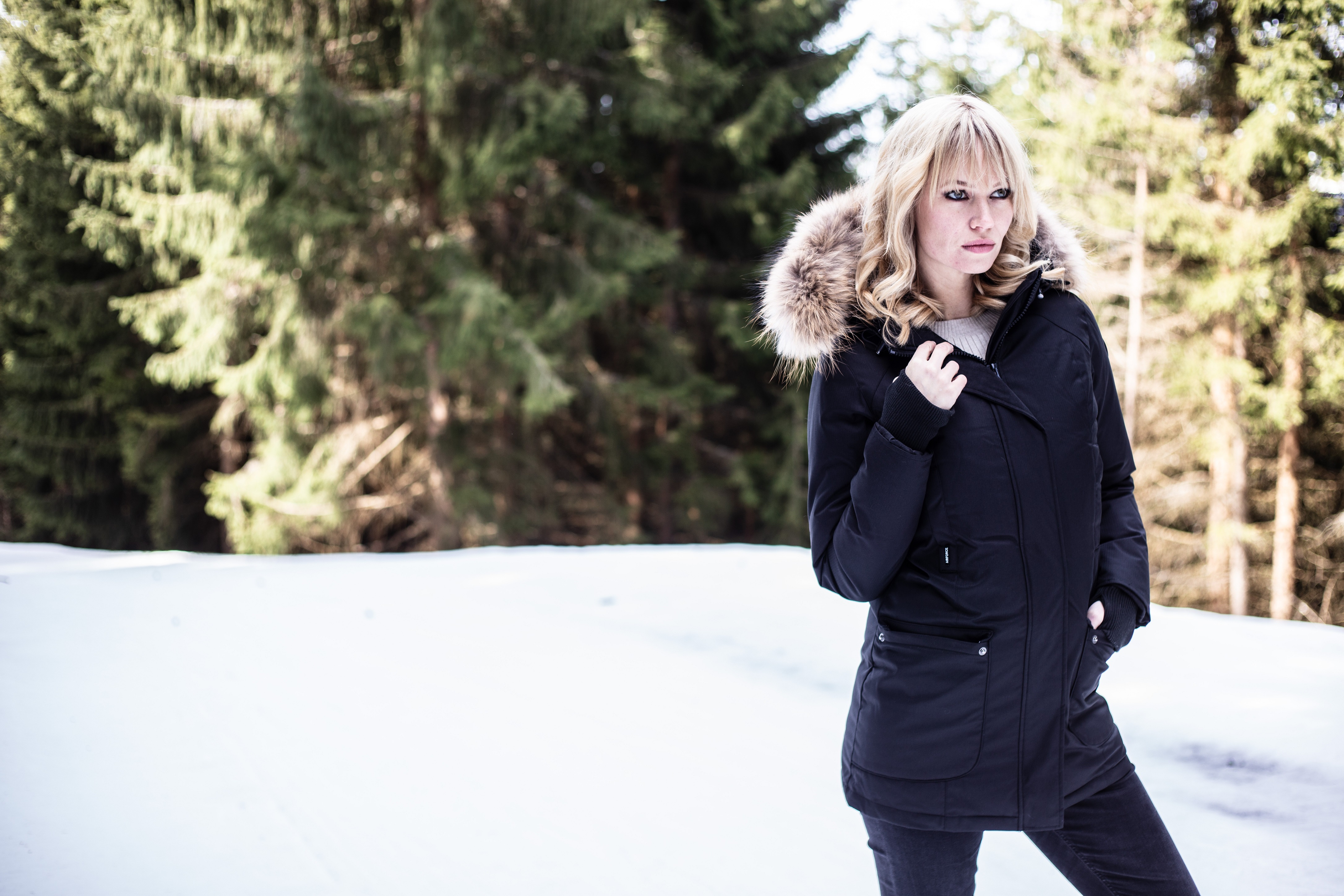 Airforce Slimfit Herringbone Damen Parka - schwarz mit natur Fellkragen