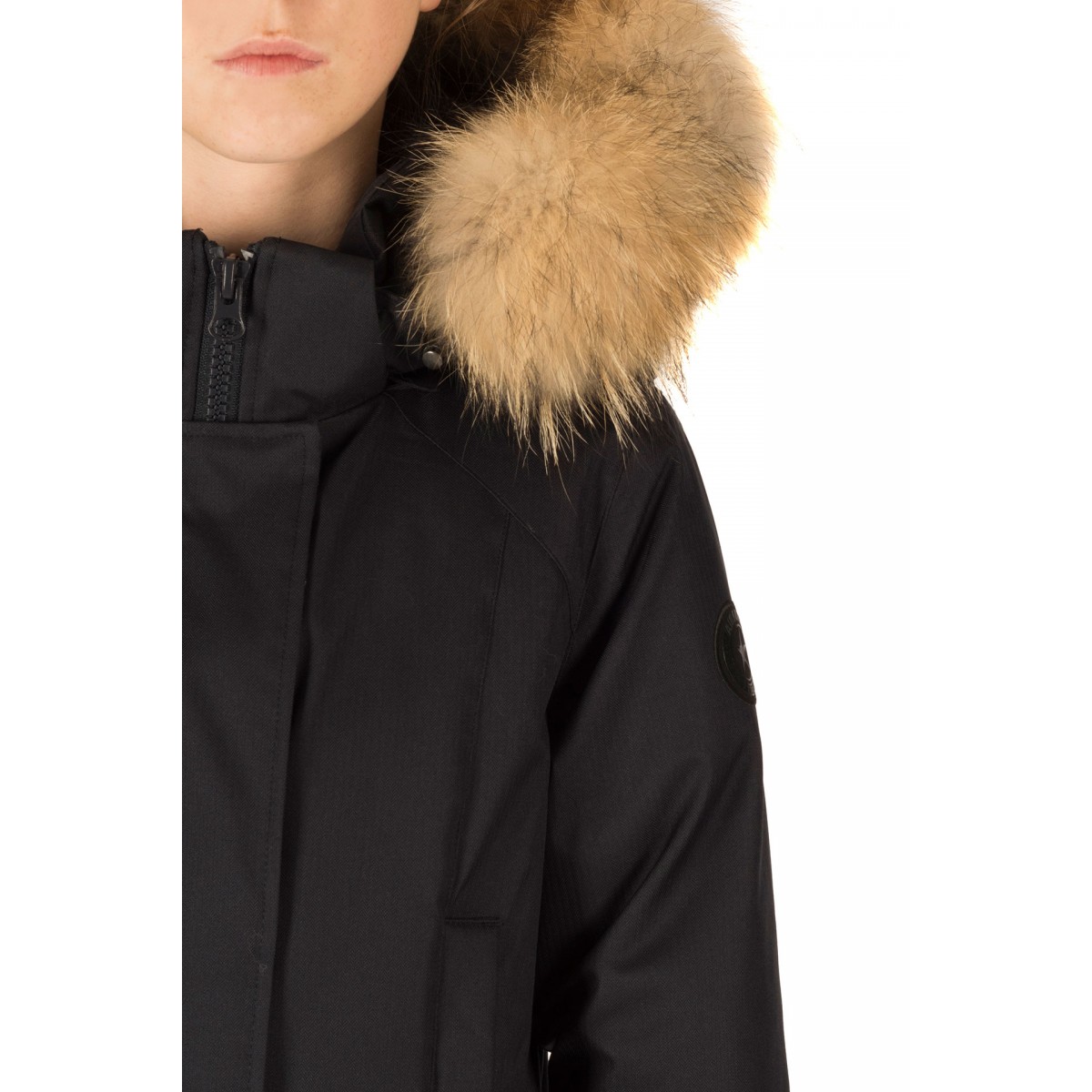 Airforce Slimfit Herringbone Damen Parka - schwarz mit natur Fellkragen