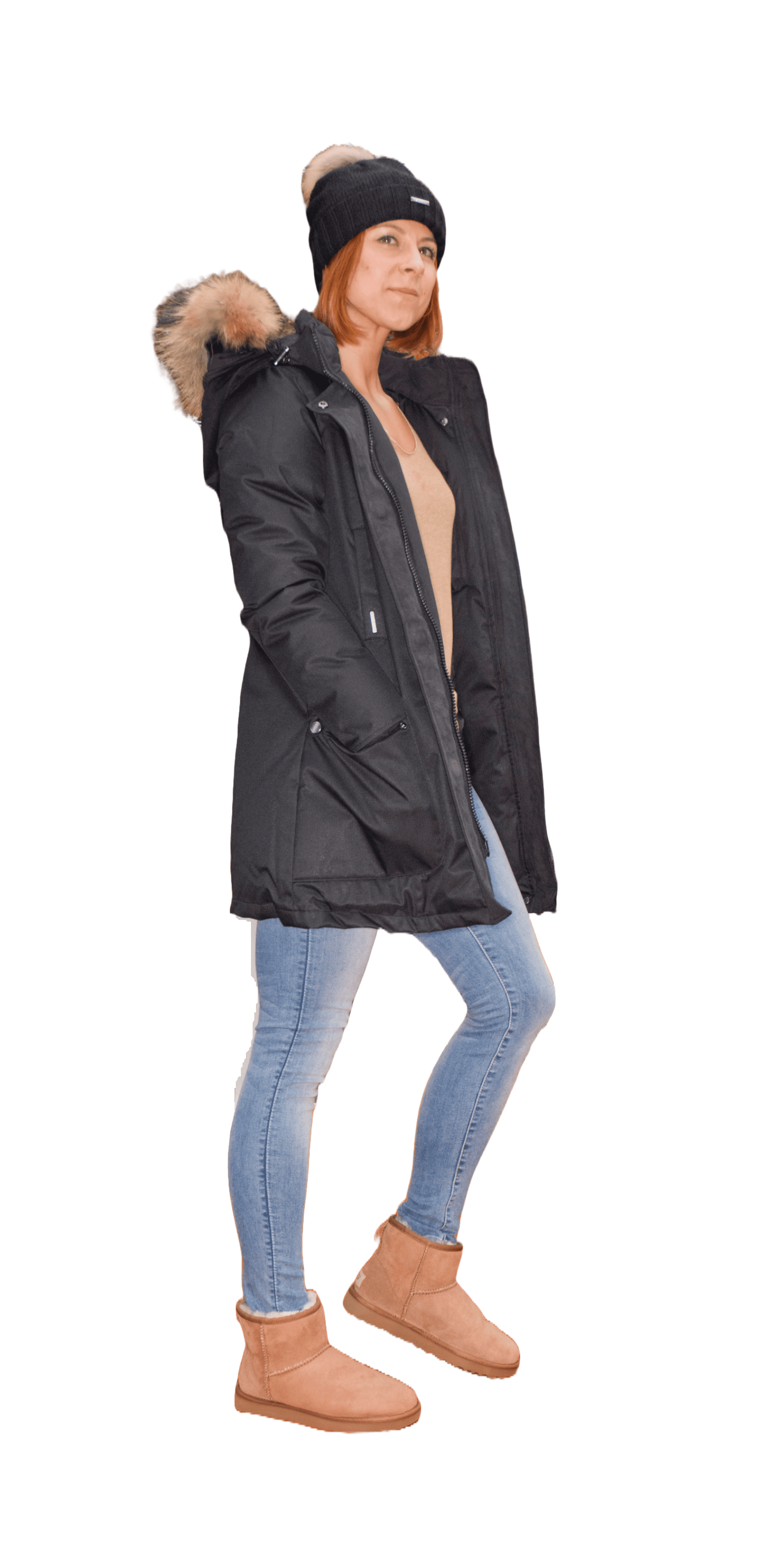 Airforce Slimfit Herringbone Damen Parka - schwarz mit natur Fellkragen