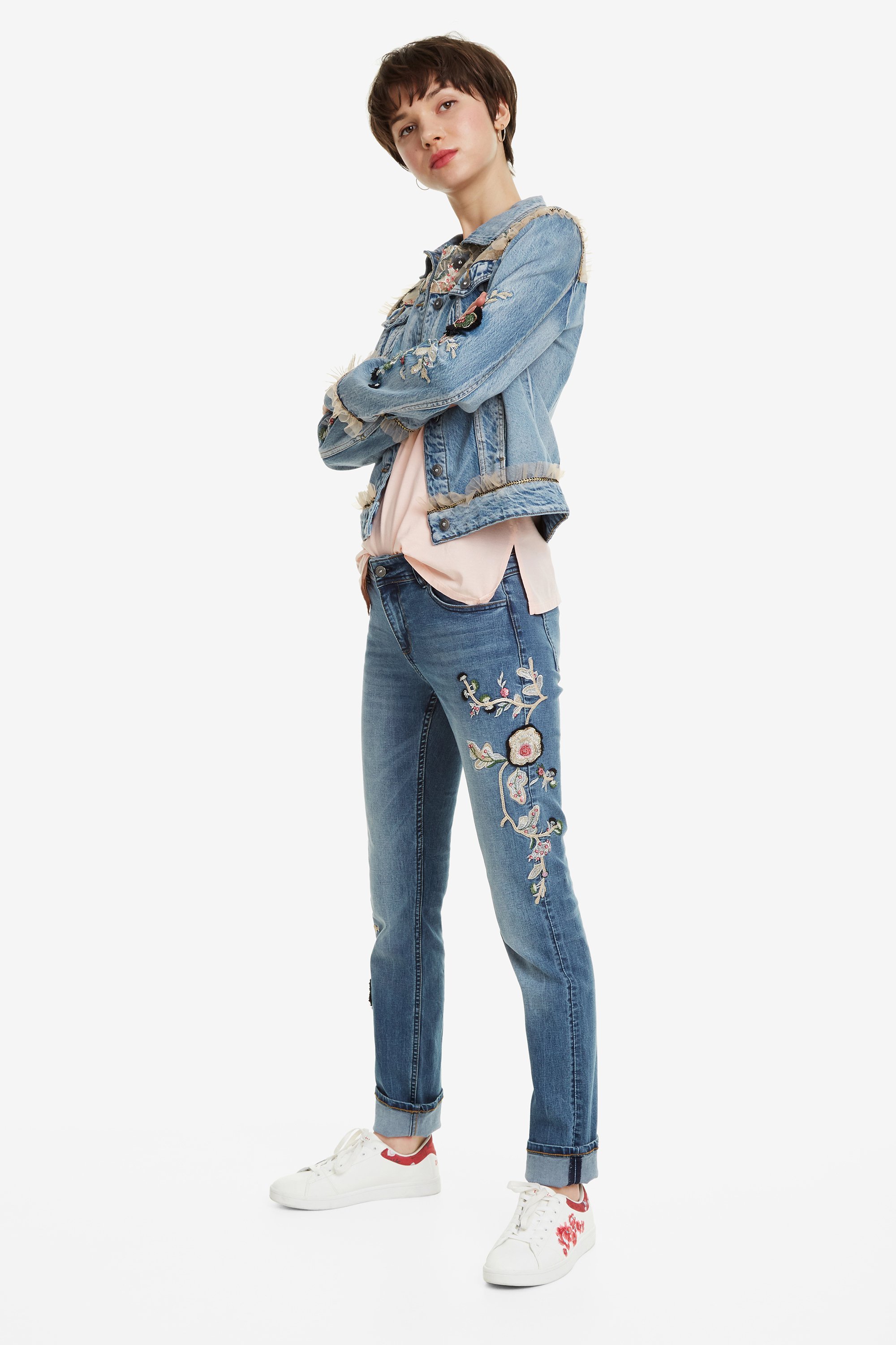 Desigual Flowers & Pearls Damen Jeans Jacke