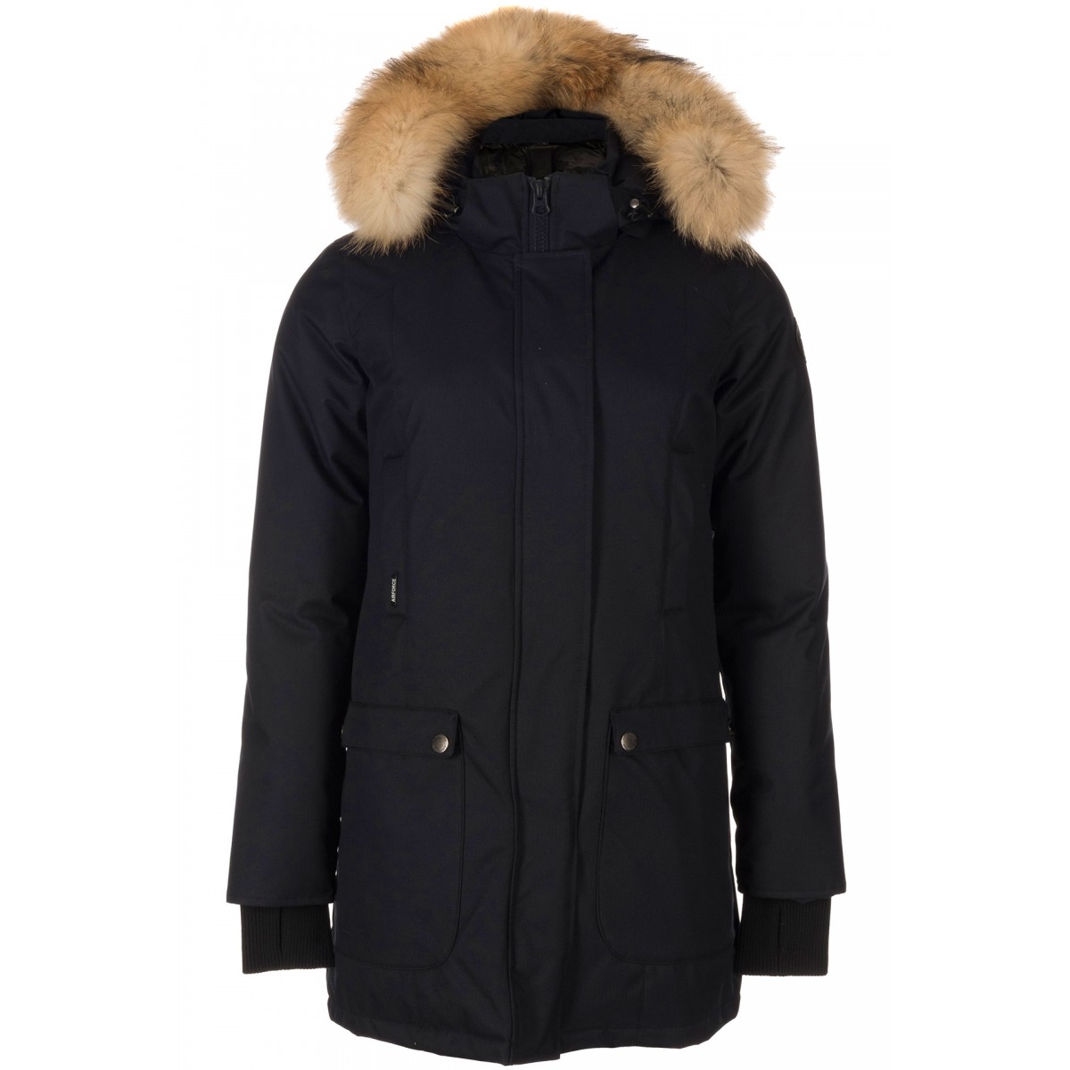 Airforce Slimfit Herringbone Damen Parka - schwarz mit natur Fellkragen