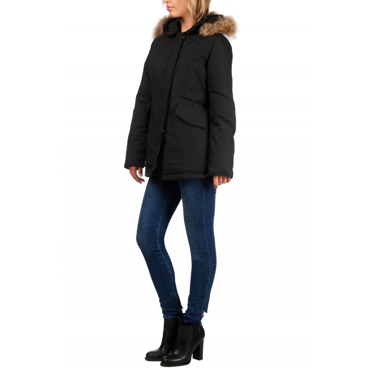 Airforce 2 Pocket Herringbone Damen Jacke - schwarz mit natur Fellkragen