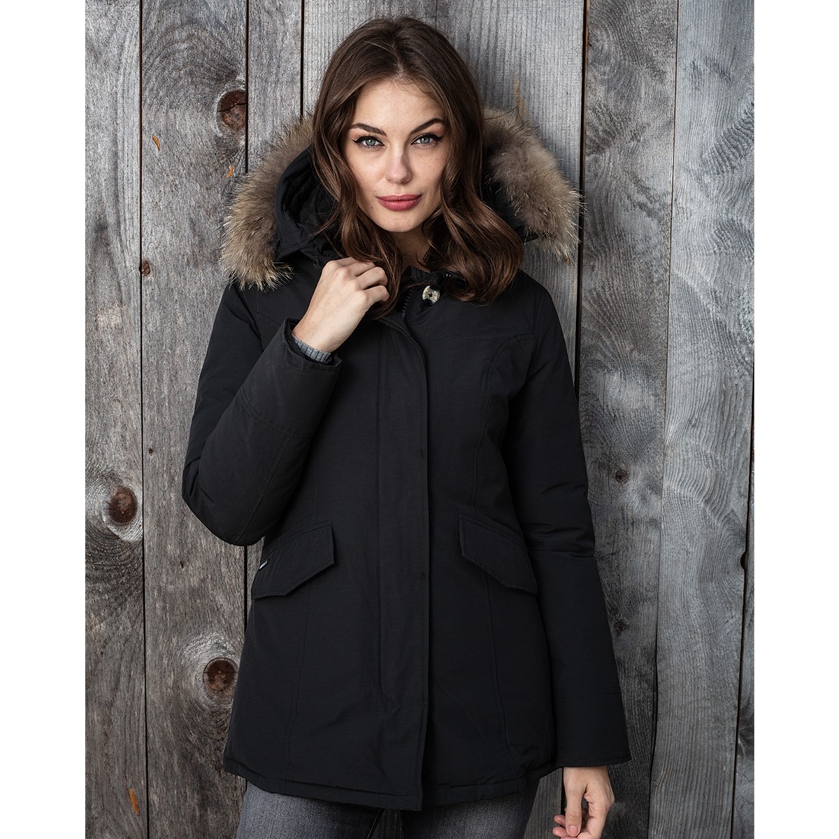 Airforce 2 Pocket Classic Parka Polyester Damen Jacke schwarz mit Fellkragen