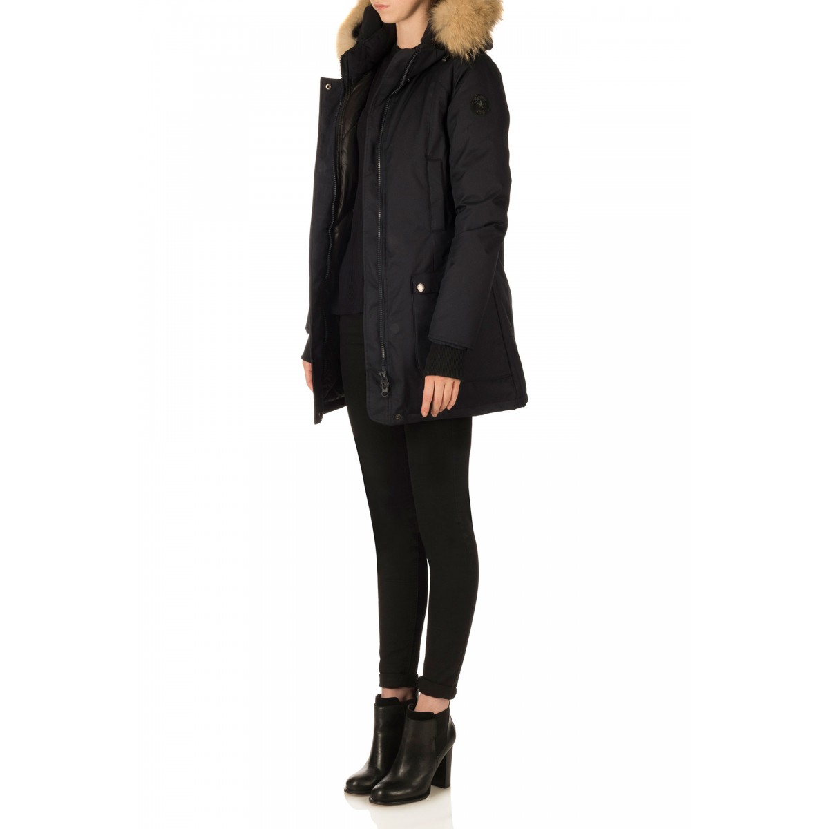 Airforce Slimfit Herringbone Damen Parka - schwarz mit natur Fellkragen